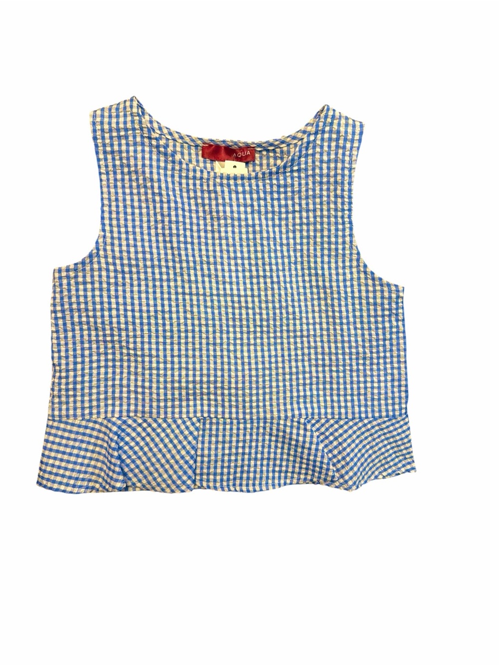 NWT-Aqua Blue & White Gingham Girls' Ruffle Hem Tank Top